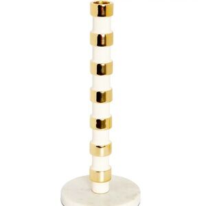 White and Gold Taper Candle Holder On Marble Base, 12”